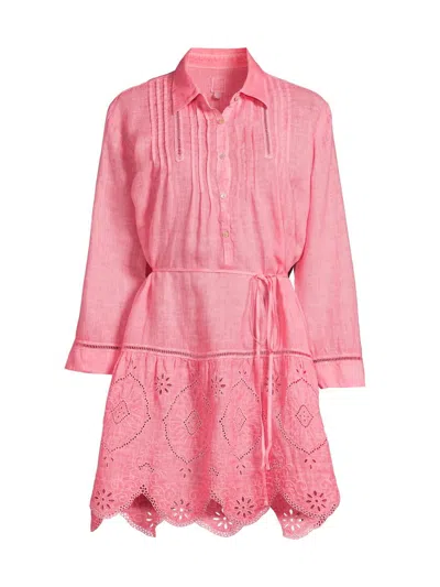 120% Lino Women's Lace-trimmed Linen Shirtdress In Pink