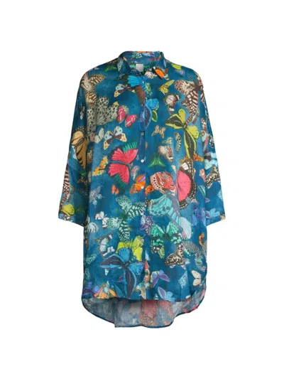 120% Lino Women's Linen Butterfly Tunic In Blue Butterfly