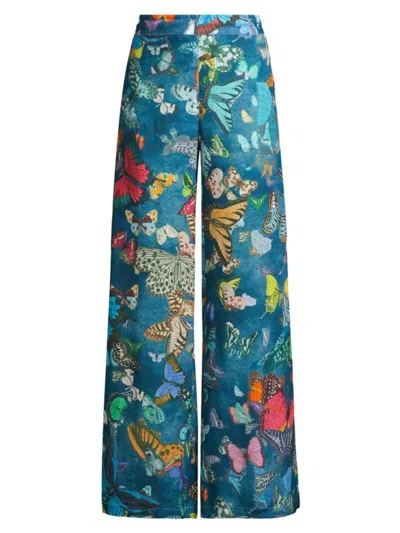 120% Lino Women's Linen Butterfly Wide-leg Pants In Blue Butterfly