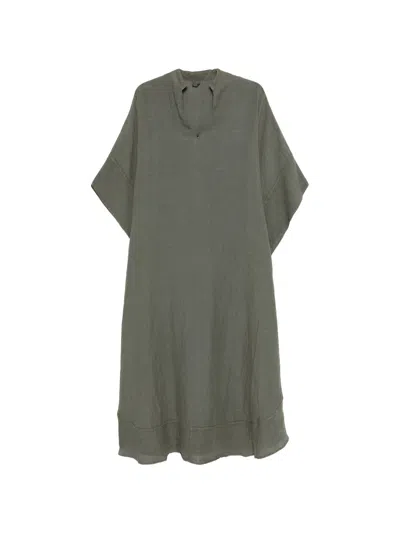 120% Lino Women's V-neck Linen Kaftan With Side Slits In Verde