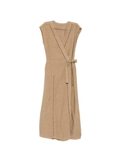 120% Lino Wrap-style Midi Dress In Brown