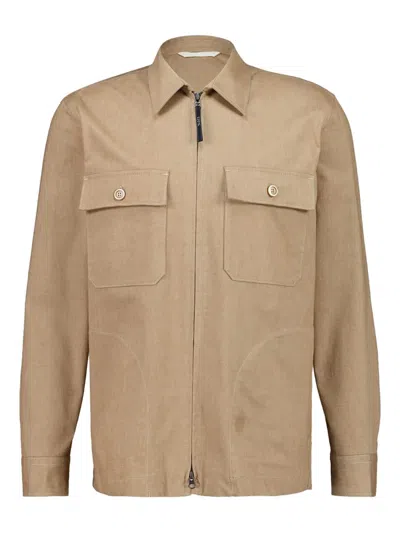 120% Lino Zip-up Cotton Overshirt In Neutral