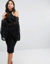 MISHA MISHA COLLECTION LACE COLD SHOULDER PENCIL DRESS WITH EXAGGERATED SLEEVE-BLACK,POPPY DRESS