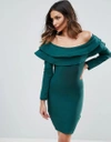 WOW COUTURE WOW COUTURE EXAGGERATED FRILL OFF SHOULDER MINI BANDAGE BODYCON DRESS - GREEN,K6063