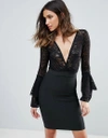 WOW COUTURE WOW COUTURE PLUNGE WRAP FRONT LACE TOP BANDAGE BODYCON DRESS - BLACK,K5966