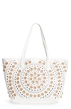 SONDRA ROBERTS PERFORATED GLITTER FLOWER FAUX LEATHER TOTE - BEIGE,SRB2-1059