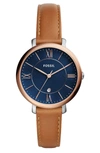 Fossil Women's Jacqueline Brown Leather Strap Watch 36mm In Brown/ Navy/ Rose Gold