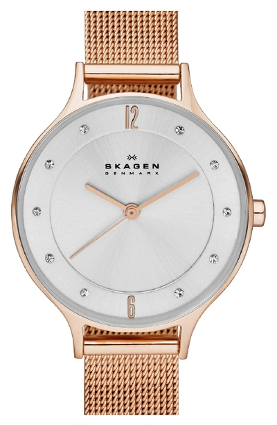 Skagen 'anita' Crystal Index Mesh Strap Watch, 30mm In Rose Gold