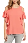 Bobeau Cold Shoulder Ruffle Sleeve Top In Coral