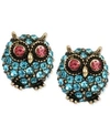Betsey Johnson Gold-tone Blue Pave Owl Stud Earrings In Blue