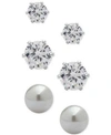 Anne Klein 3-pc. Set Crystal And Imitation Pearl Stud Earrings In Silver