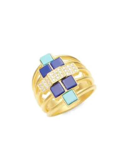 Freida Rothman 14k Yellow Gold & Cubic Zirconia Bricked Lapis Ring