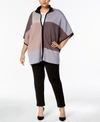 ANNE KLEIN PLUS SIZE COLORBLOCKED ZIP-FRONT PONCHO SWEATER