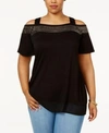 Belldini Plus Plus Size Cold Shoulder Lace Trim Knit Top In Black