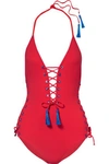 EMMA PAKE CARLOTTA TASSELED LACE-UP SWIMSUIT