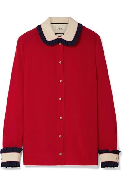 Gucci Colour-block Ruffled Silk Blouse In Red