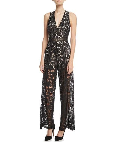 Alice And Olivia Chels Deep-v Sleeveless Wide-leg Lace Jumpsuit, Black/nude In Black/white