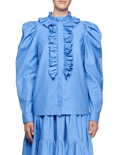 Stella Mccartney Shaylee High-neck Puffy-sleeve Cotton Blouse With Frills In Blue/4960