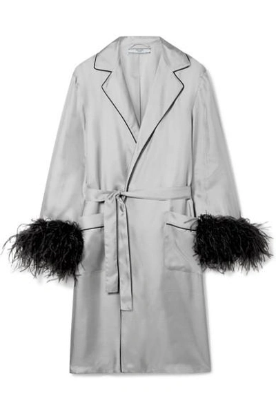 Prada Feather-embellished Silk-twill Dressing Gown In Grey