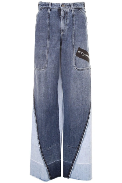 Dolce & Gabbana Patchwork Logo Wide Leg Denim Jeans In Variante Abbinatablu