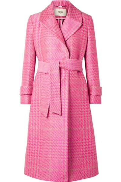 Fendi Houndstooth Double Breasted Coat With Mink Cuff In Pink