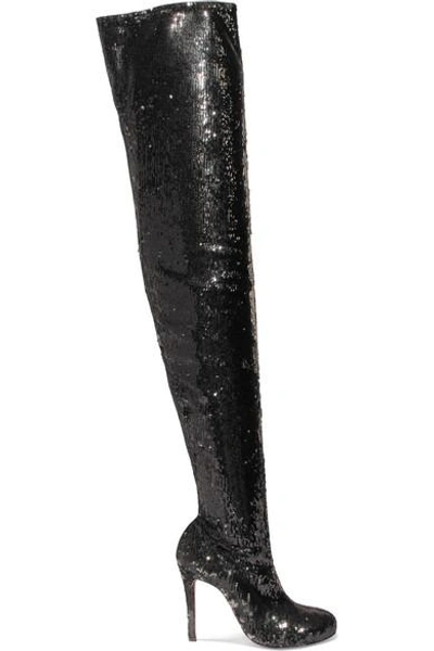 Christian Louboutin Louise 100 Sequined Leather Over-the-knee Boots In Black Silver