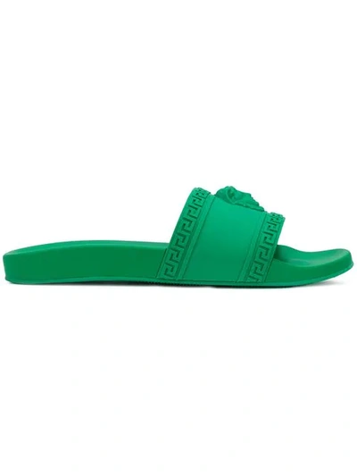 Versace Men's Medusa & Greek Key Shower Slide Sandals In Green