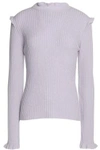 DEREK LAM 10 CROSBY WOMAN RUFFLE-TRIMMED RIBBED CASHMERE SWEATER LAVENDER,US 4772211933329049