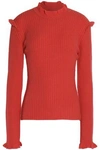 DEREK LAM 10 CROSBY WOMAN RUFFLE-TRIMMED RIBBED CASHMERE SWEATER TOMATO RED,US 4772211933329049