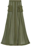 BALMAIN BALMAIN WOMAN CREPE-TRIMMED SILK-CHIFFON MAXI SKIRT ARMY GREEN,3074457345618320806