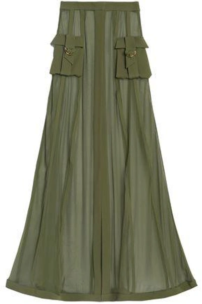 Balmain Woman Crepe-trimmed Silk-chiffon Maxi Skirt Army Green