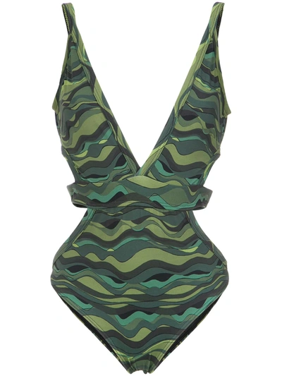 Amir Slama Wave Print Swimsuit In Green