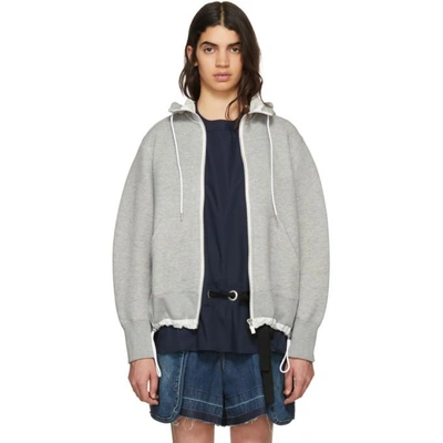 Sacai Light Grey Hooded Zip Front Sweatshirt In Gray/white