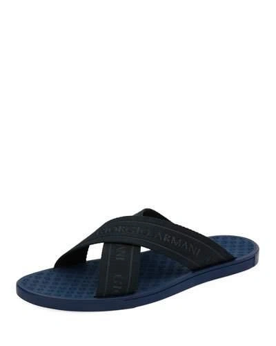 Giorgio Armani Logo Jacquard Crisscross Slide Sandals In Blue