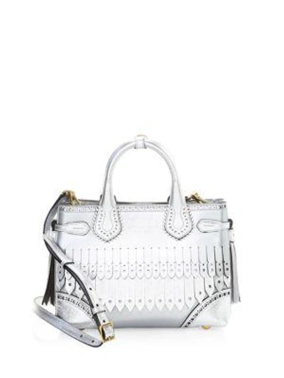 Burberry Banner Small Broguing Fringe Metallic Tote Bag In Silver/gold