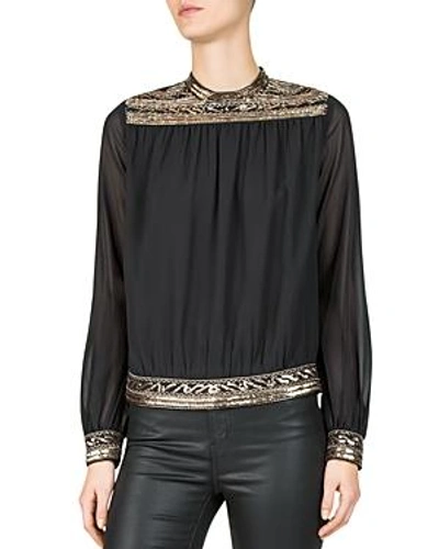 The Kooples Black Top With Sequin Embroidery