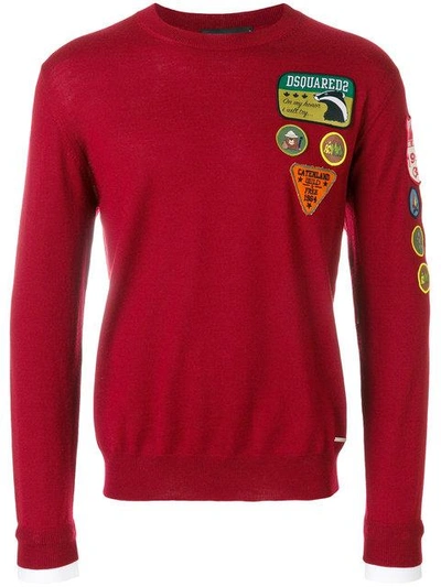 Dsquared2 Patch Wool Knit Sweater W/ Shirt Cuffs In Red