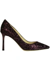 JIMMY CHOO ROMY 85 WINE RED GLITTER PUMPS,10366795