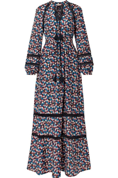 Tory Burch Sonia Lace-trimmed Printed Cotton And Silk-blend Maxi Dress In Navy Prism