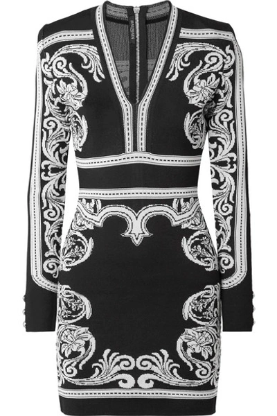 Balmain Long-sleeve Deep-v Fitted Baroque Short Dress In Noir/blanc Optique 5100c
