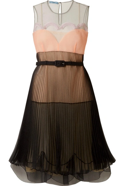 Prada Pleated Colour-block Organza Dress In Black