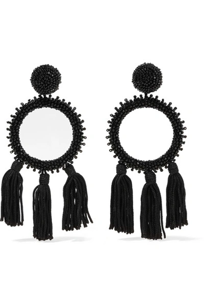Oscar De La Renta Large Beaded Circle Tassel Clip-on Earrings In Black