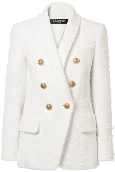 Balmain Double-breasted Shawl-lapel Tweed Blazer In White