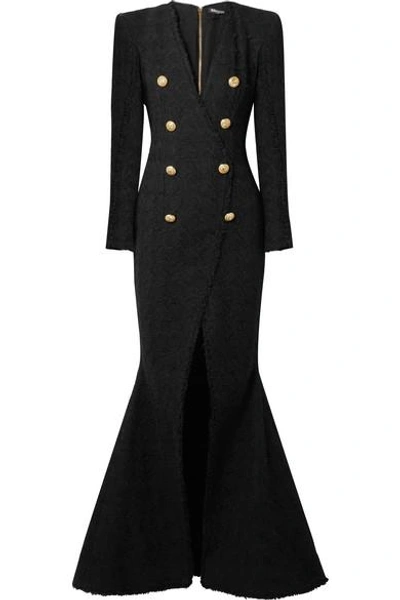 Balmain Deep-v Double-breasted Front-slit Tweed Evening Gown In Black