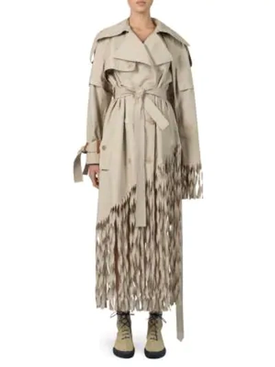 Loewe Distressed Fringed Cotton Trench Coat In Neutral