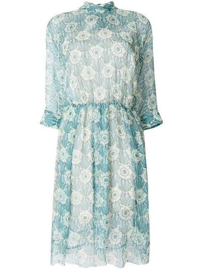 Prada 3/4-sleeve Tie-neck Floral-print Dress In Light Blue