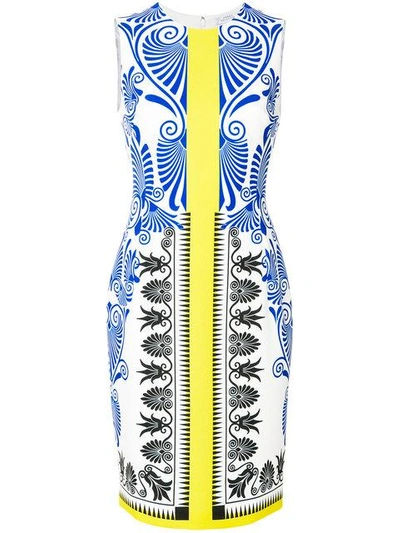Versace Printed Fitted Dress In White - Blue - Yellow