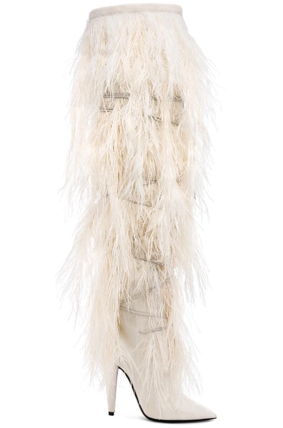Saint Laurent Yeti Over-the-knee Boot With Feathers In White