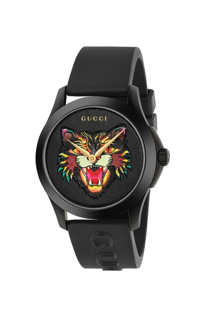 Gucci 38mm G-timeless Feline Head Motif Watch In Black