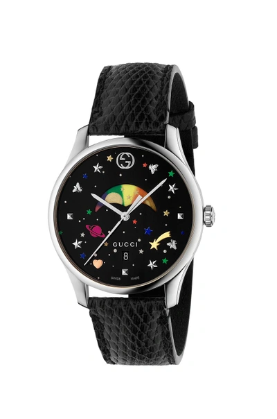 Gucci G-timeless Rainbow Moonphase Lizard Strap Watch In Black